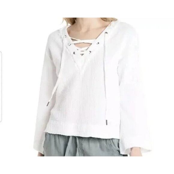 Cloth & Stone · Medium · Lace Up V-Neck Top · White Gauze Wide Sleeve Blouse - Picture 1 of 7